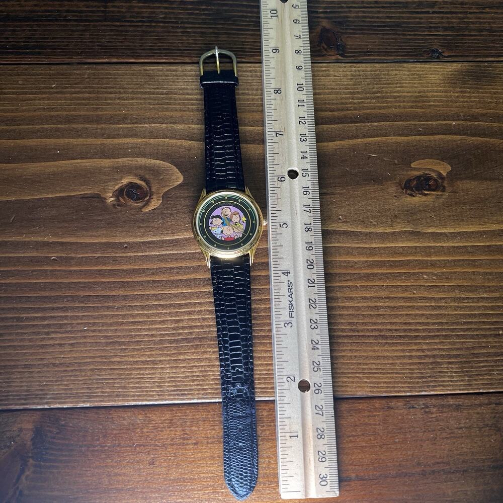 VTG Armitron Peanuts Characters watch GoldTone Black Leather Strap Needs Battery - Picture 4 of 16